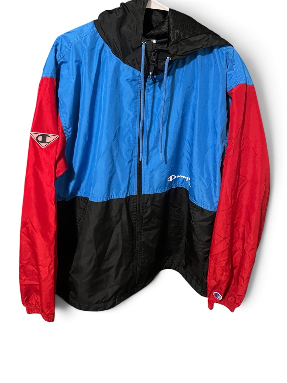 Champion Blue/Black/Red Colorblock Hooded Windbreaker Jacket